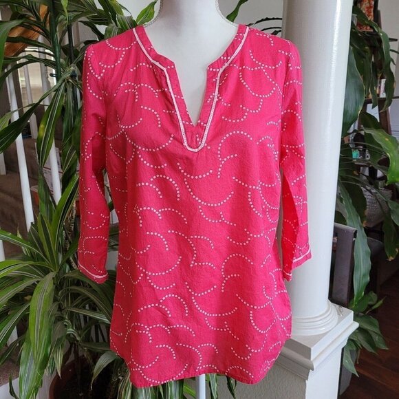 Boden Tops - Boden Size 8 Bright Pink Cotton Split Neck Tunic 3/4 Sleeve Crochet Detail EUC